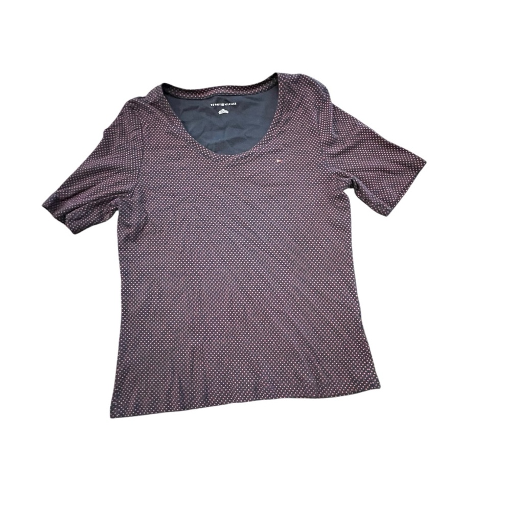 Tommy‎ Hilfiger Shirt Women's Medium Black Red Polka Dot Short Sleeve Cotton